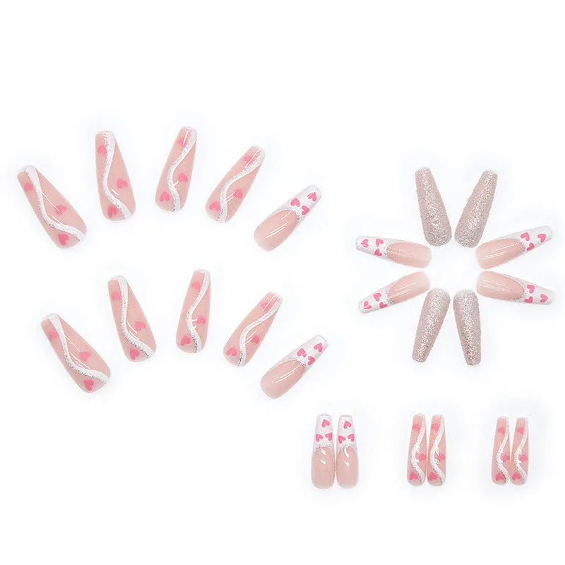 Wearable finished fake nails long ballet type with love pattern in W097 shiny love and glue