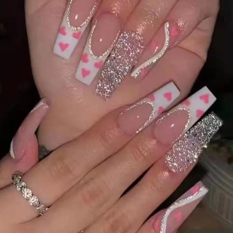 Wearable finished fake nails long ballet type with love pattern in W097 shiny love and glue