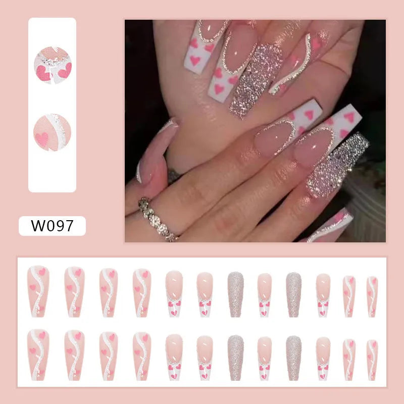 Wearable finished fake nails long ballet type with love pattern in W097 shiny love and glue