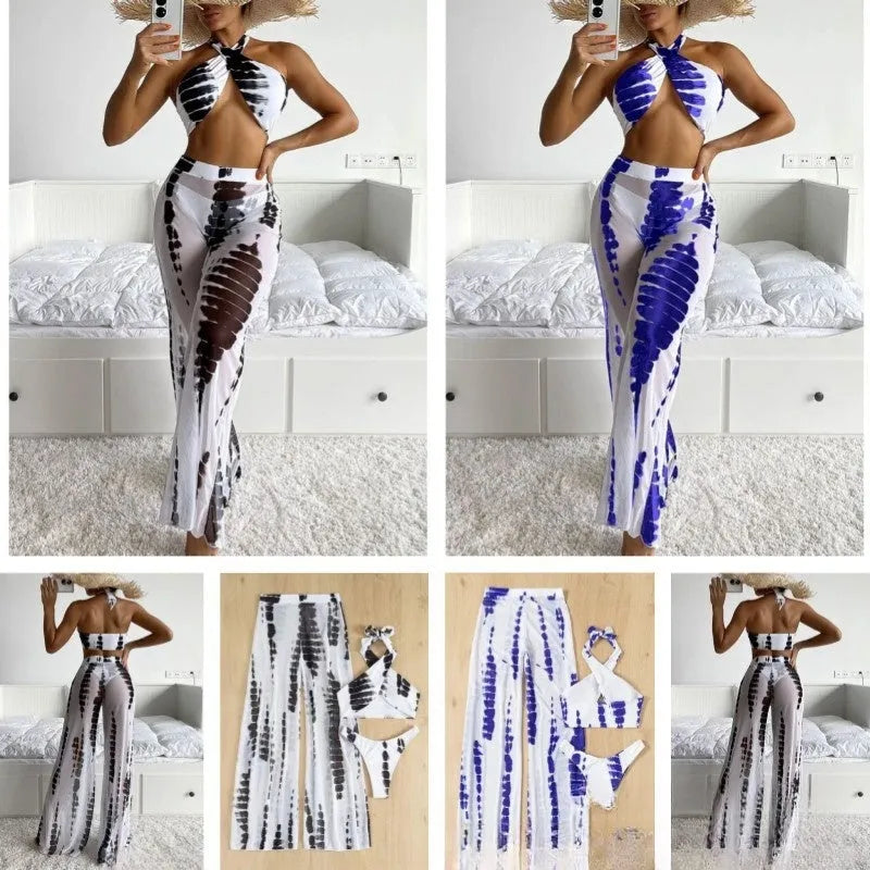 Three-piece women's swimsuit set with printed top, bikini underpants, and mesh trousers in blue or black