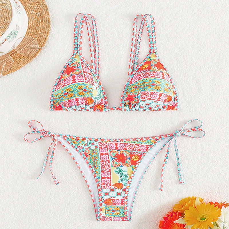 Women's lace-up split front swimsuit bikini set with backless design