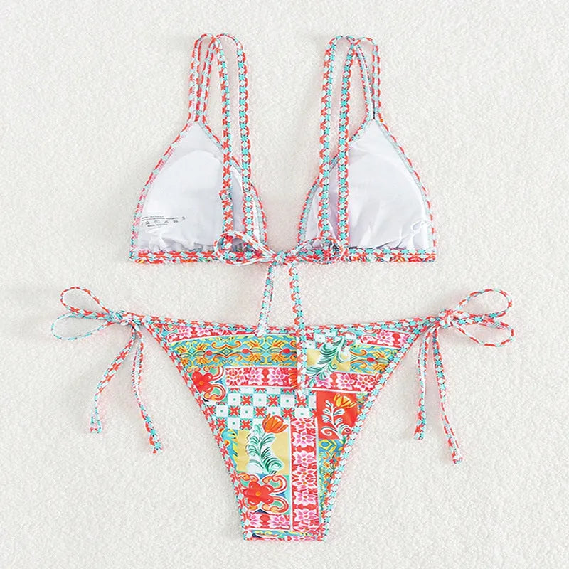 Women's lace-up split front swimsuit bikini set with backless design