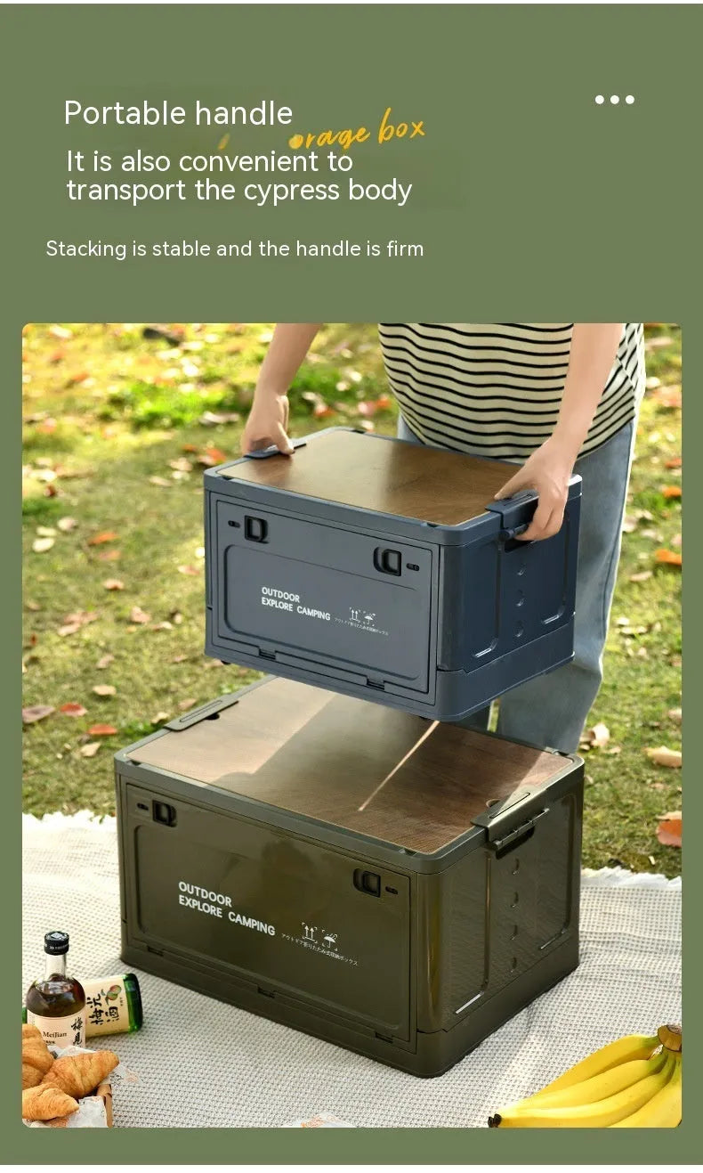 Large white foldable plastic storage box with wooden lid for household organisation