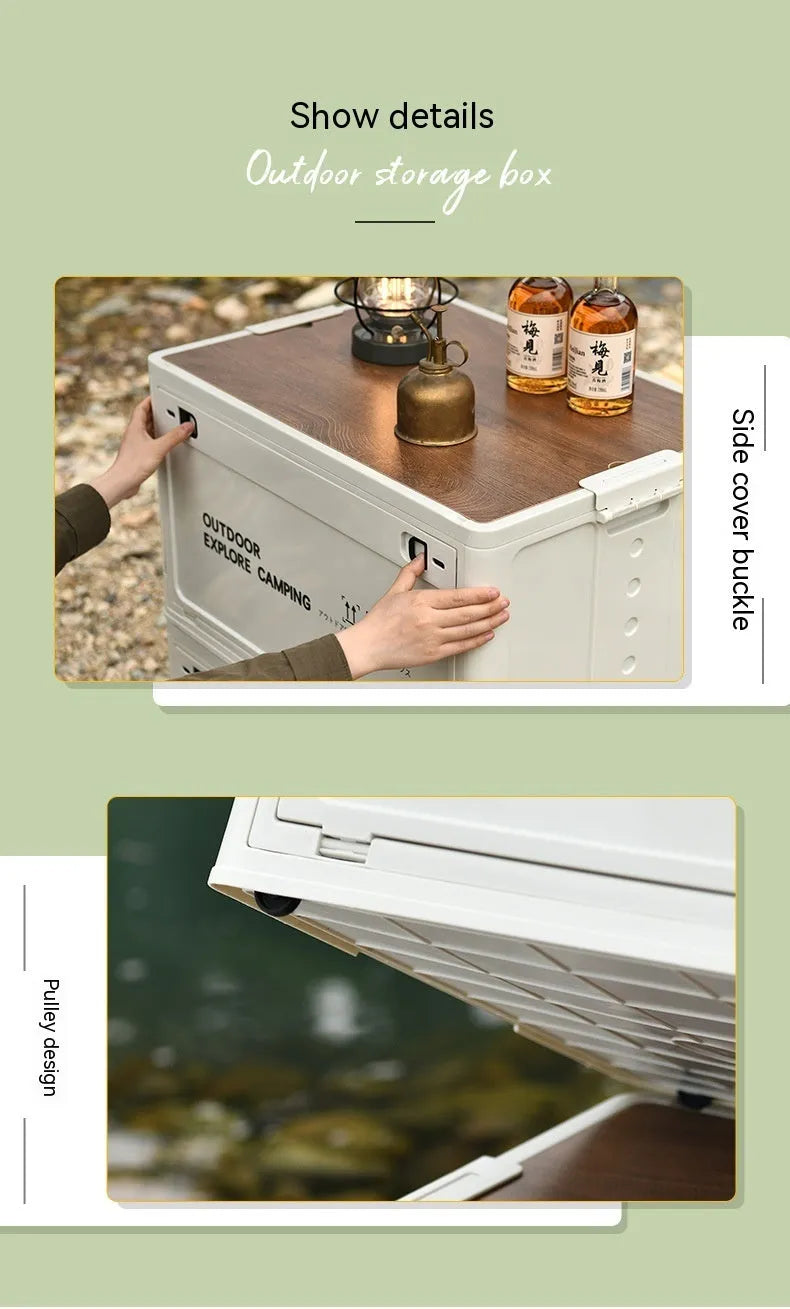 Large white foldable plastic storage box with wooden lid for household organisation