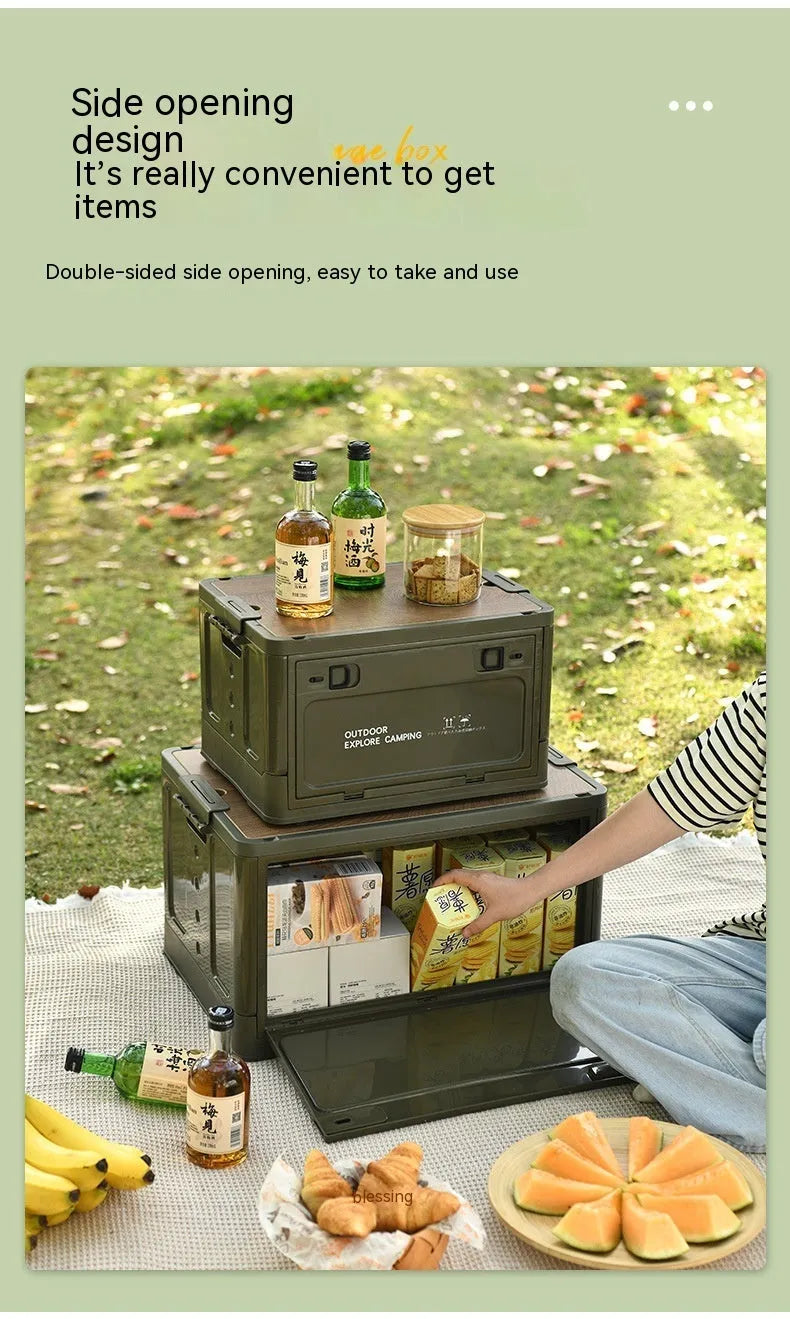 Large white foldable plastic storage box with wooden lid for household organisation