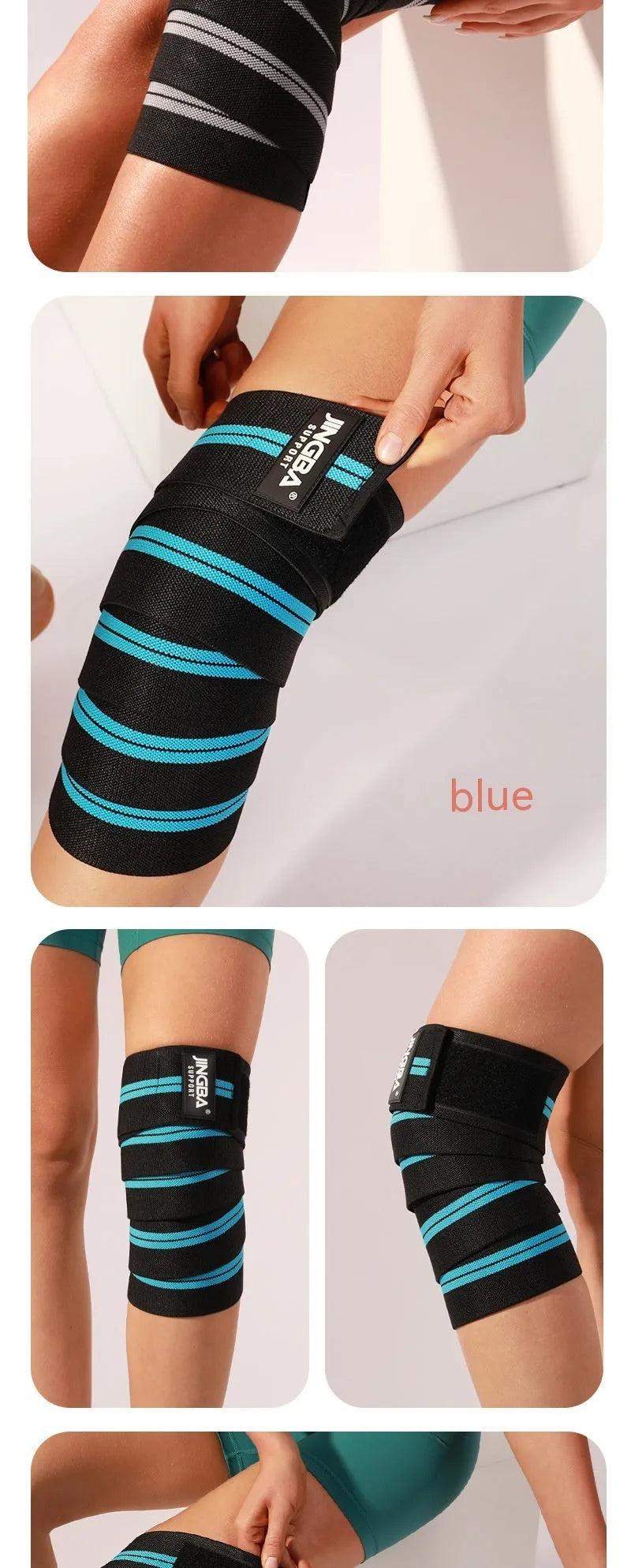 Adjustable sports knee pads for weightlifting and cycling in blue, yellow, red, and grey colours.