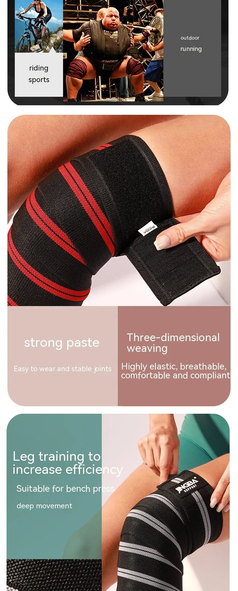 Adjustable sports knee pads for weightlifting and cycling in blue, yellow, red, and grey colours.