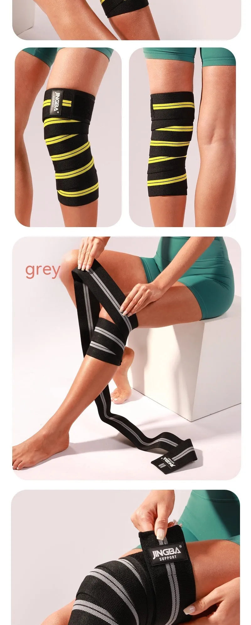 Adjustable sports knee pads for weightlifting and cycling in blue, yellow, red, and grey colours.