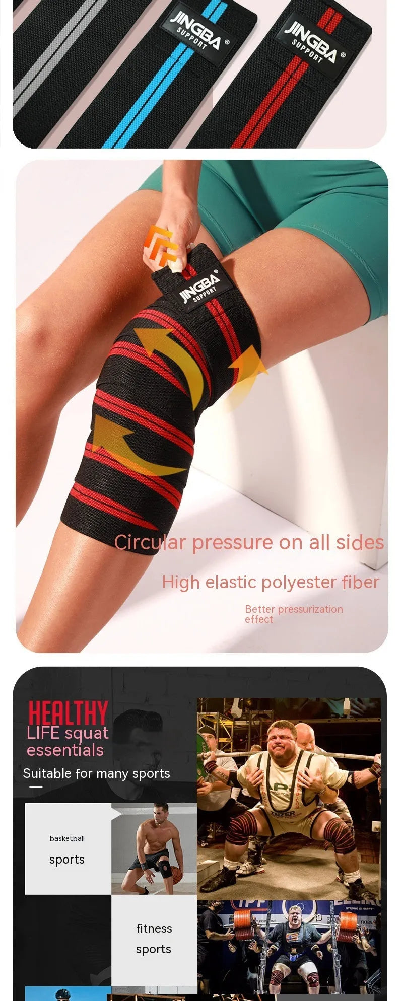 Adjustable sports knee pads for weightlifting and cycling in blue, yellow, red, and grey colours.