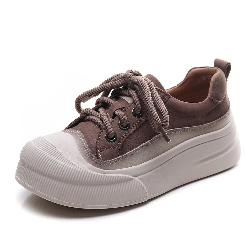 Women's yellow and cameo brown full-grain cow leather lace-up casual shoes with round toe and rubber soles
