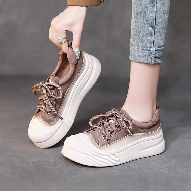 Women's yellow and cameo brown full-grain cow leather lace-up casual shoes with round toe and rubber soles