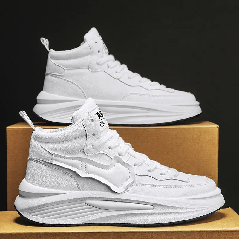 Men's black and white platform high-top shoes with round toe and artificial PU upper
