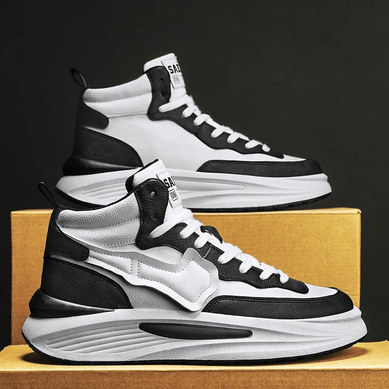 Men's black and white platform high-top shoes with round toe and artificial PU upper