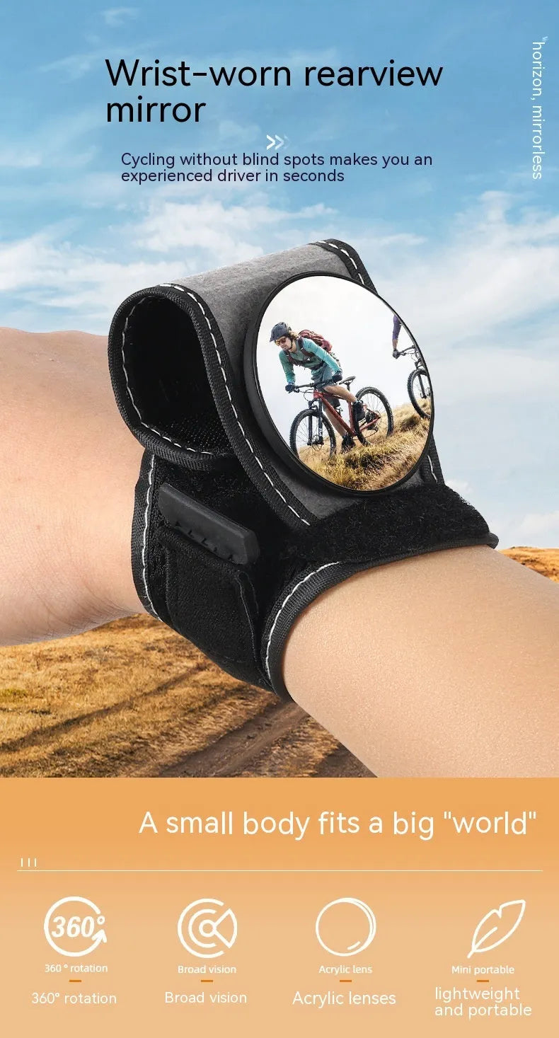 Black nylon wrist-mounted rear-view mirror for bicycle cycling safety