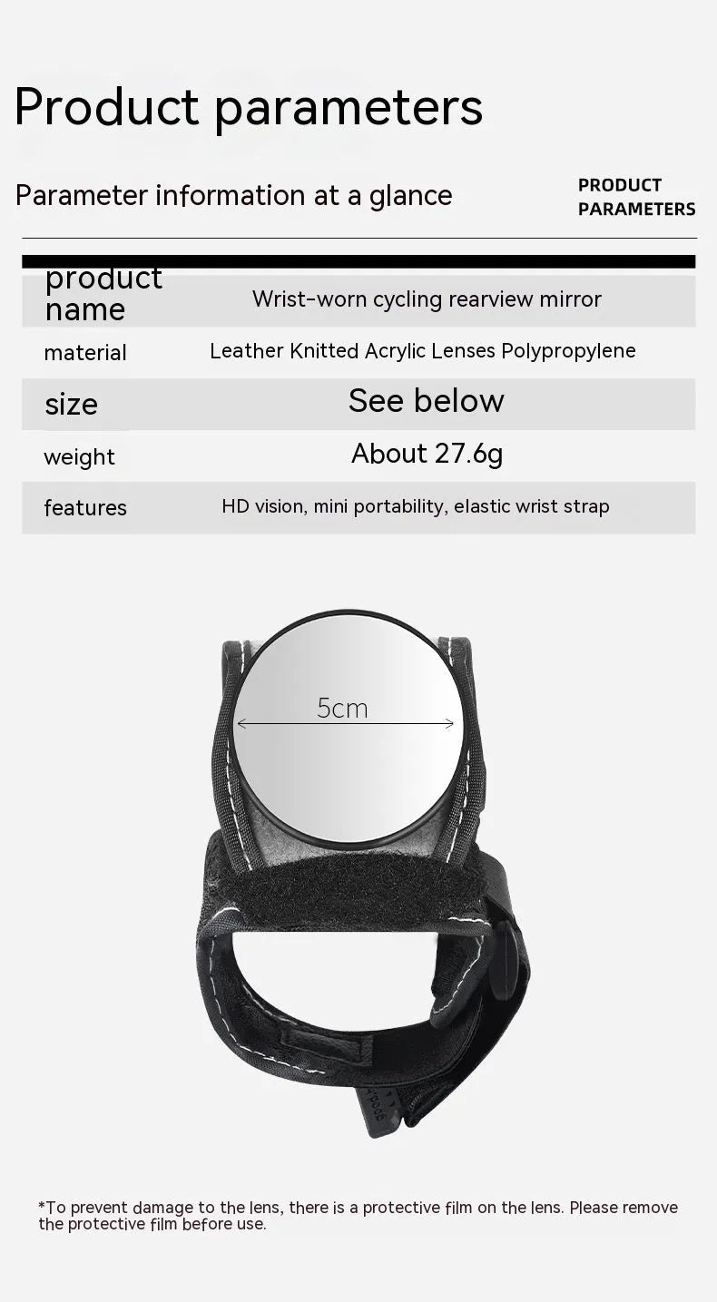 Black nylon wrist-mounted rear-view mirror for bicycle cycling safety