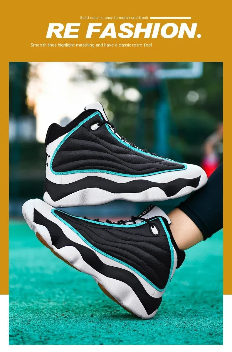 Men's high-top basketball shoes in AJ13 white red colourway with mesh upper and thick rubber sole.