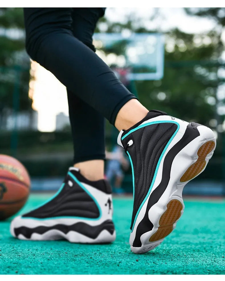 Men's high-top basketball shoes in AJ13 white red colourway with mesh upper and thick rubber sole.
