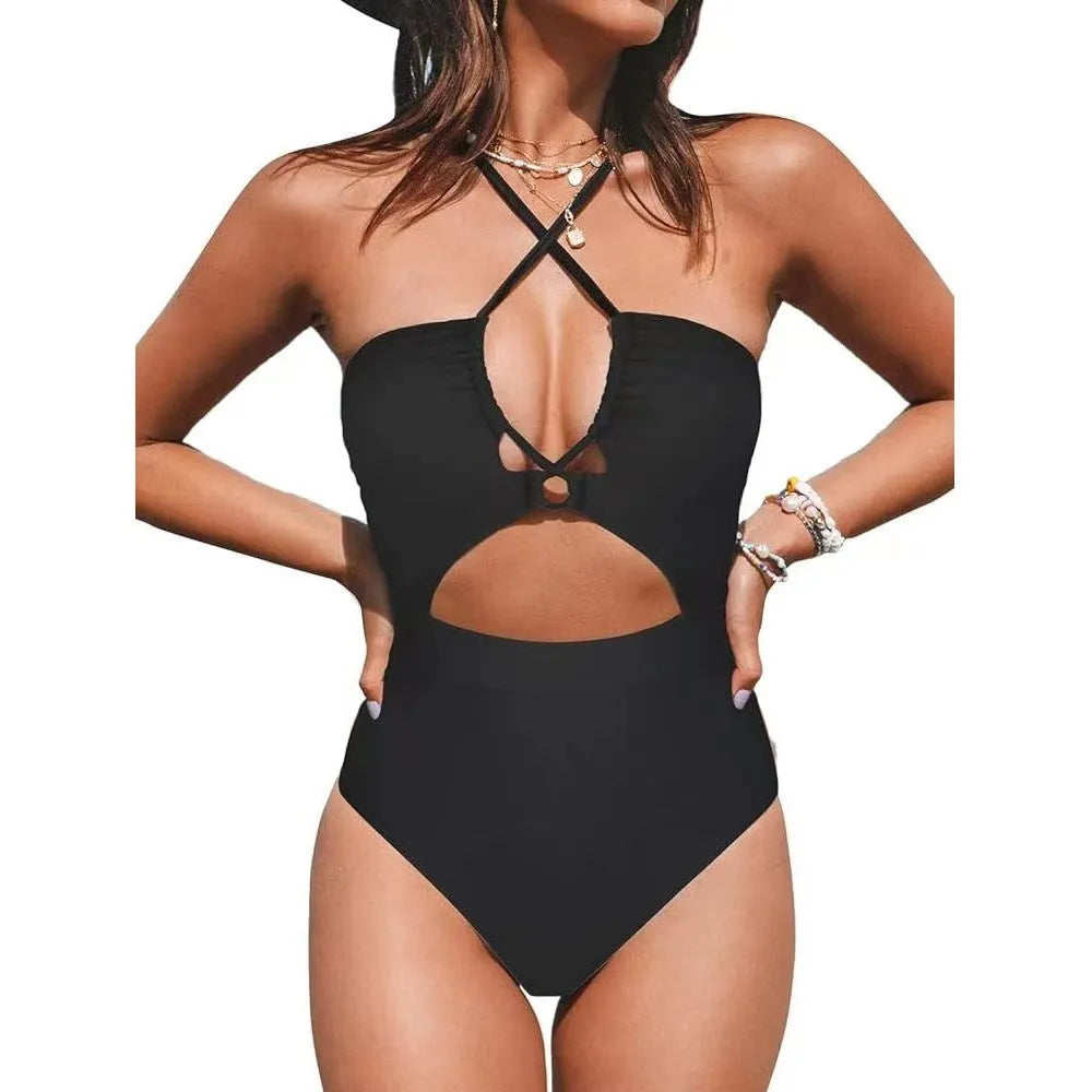 Women's cross-back one-piece swimsuit in polyester spandex fabric with backless design