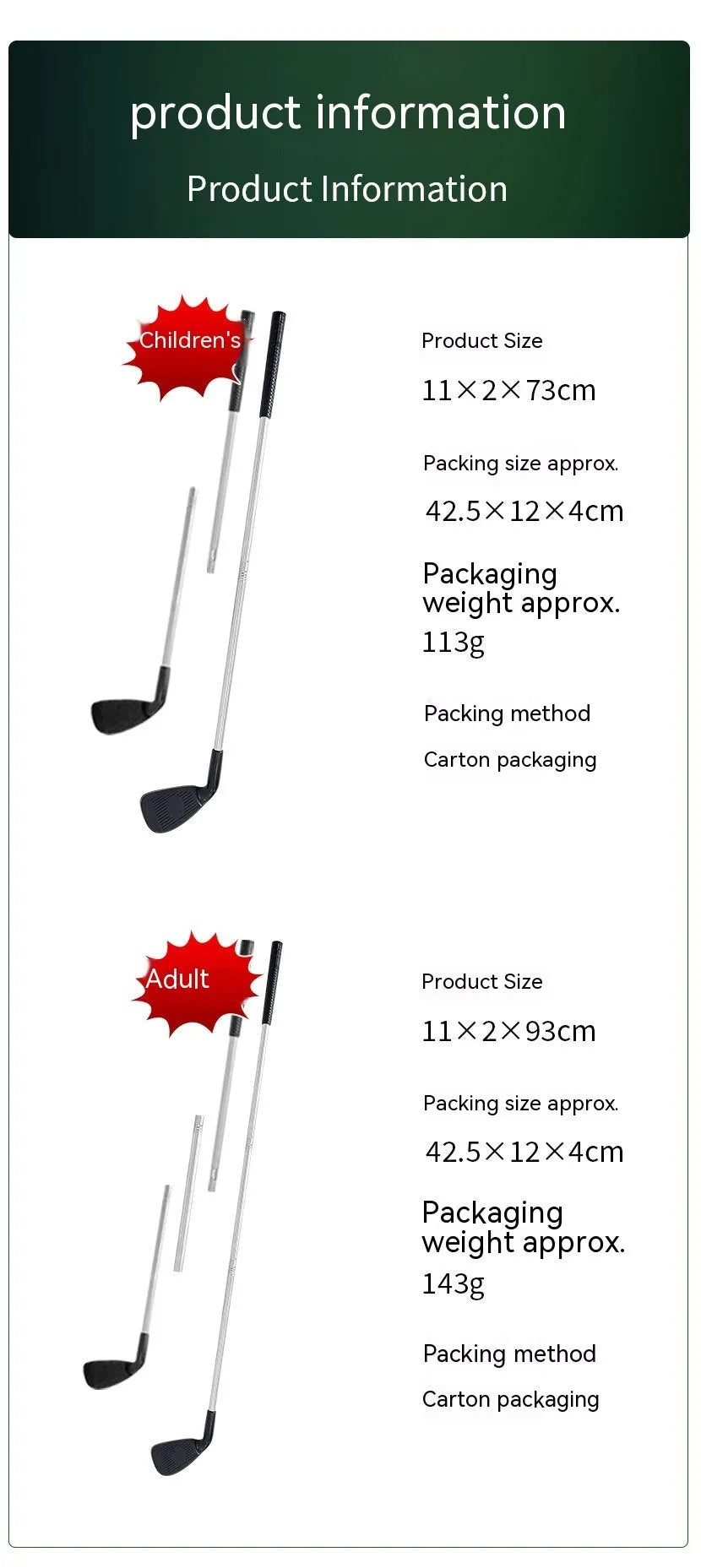 Metal golf club set showing adult and children's clubs for outdoor sports practice