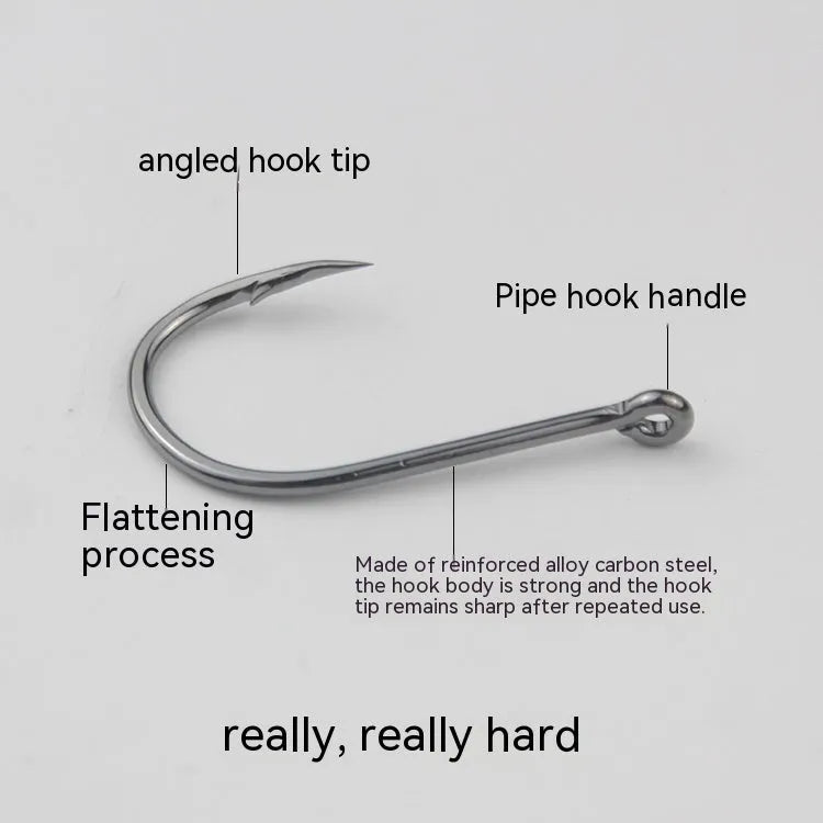 Bulk pack of barbed alloy carbon steel sea fishing hooks with a crooked mouth and hole ring design.