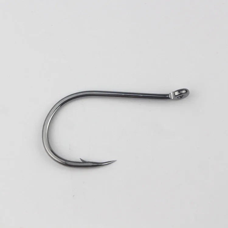 Bulk pack of barbed alloy carbon steel sea fishing hooks with a crooked mouth and hole ring design.