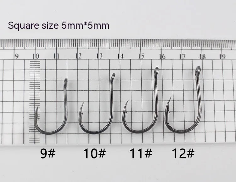Bulk pack of barbed alloy carbon steel sea fishing hooks with a crooked mouth and hole ring design.