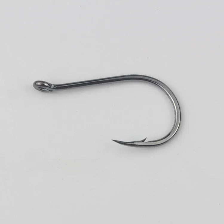 Bulk pack of barbed alloy carbon steel sea fishing hooks with a crooked mouth and hole ring design.