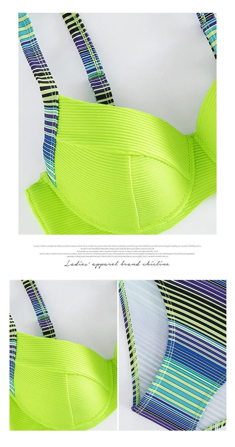 Green printed halter bikini set with split briefs for women