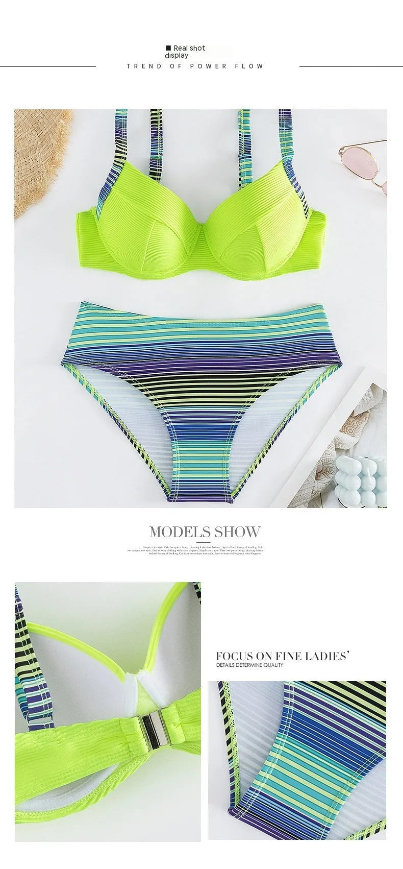 Green printed halter bikini set with split briefs for women