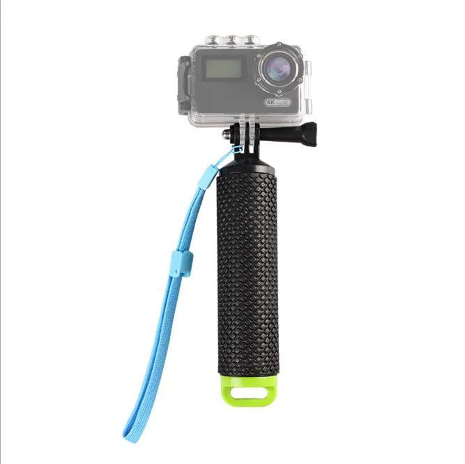 Floating selfie stick for action cameras in blue, green, orange, pink or yellow with wrist strap