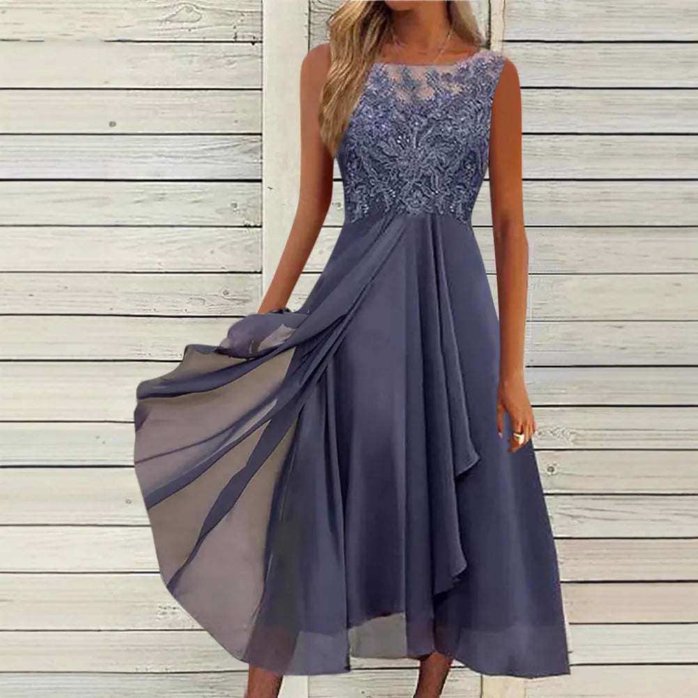 Women's sleeveless chiffon dress with lace hollow-out detail in princess style, shown in green colour