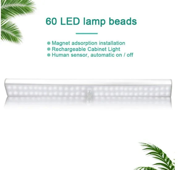 Slim rechargeable LED motion sensor light strip shown in three lengths on a dark background.
