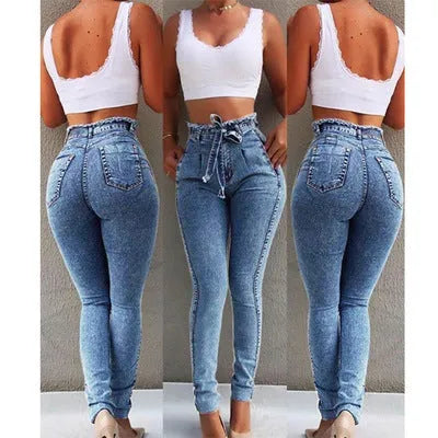 Fringed distressed jeans in cowboy fabric, shown in grey, dark blue, and light blue colours.