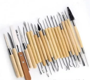 27-piece pottery clay tool set including stainless steel, wooden, and plastic sculpting tools for DIY modelling