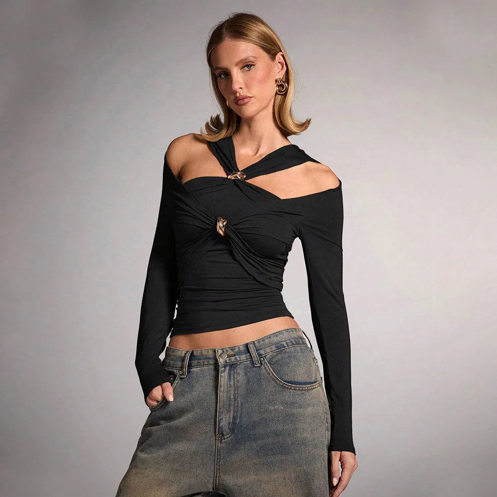 Black women's halter neck top with long sleeves and slim fit