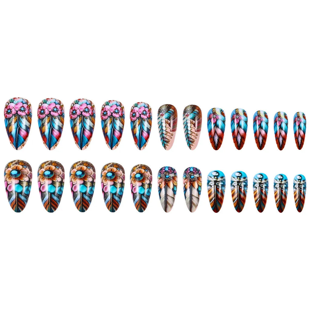 Plastic nail art set with retro designs of colourful feathers, flowers, butterflies, and love hearts.