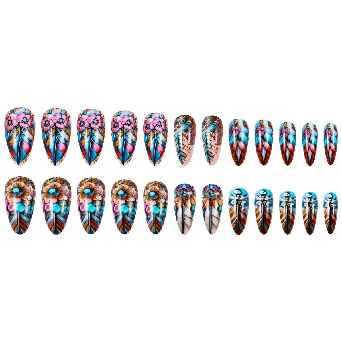 Plastic nail art set with retro designs of colourful feathers, flowers, butterflies, and love hearts.