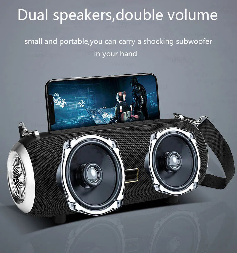 F666 square fabric portable Bluetooth speaker with shoulder strap in black, blue, camouflage, or red.