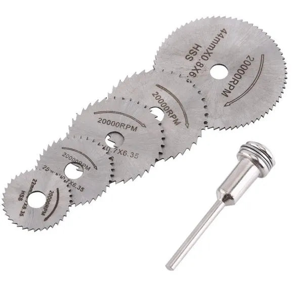 Six circular saw blades with mandrel on white background, high-speed steel construction
