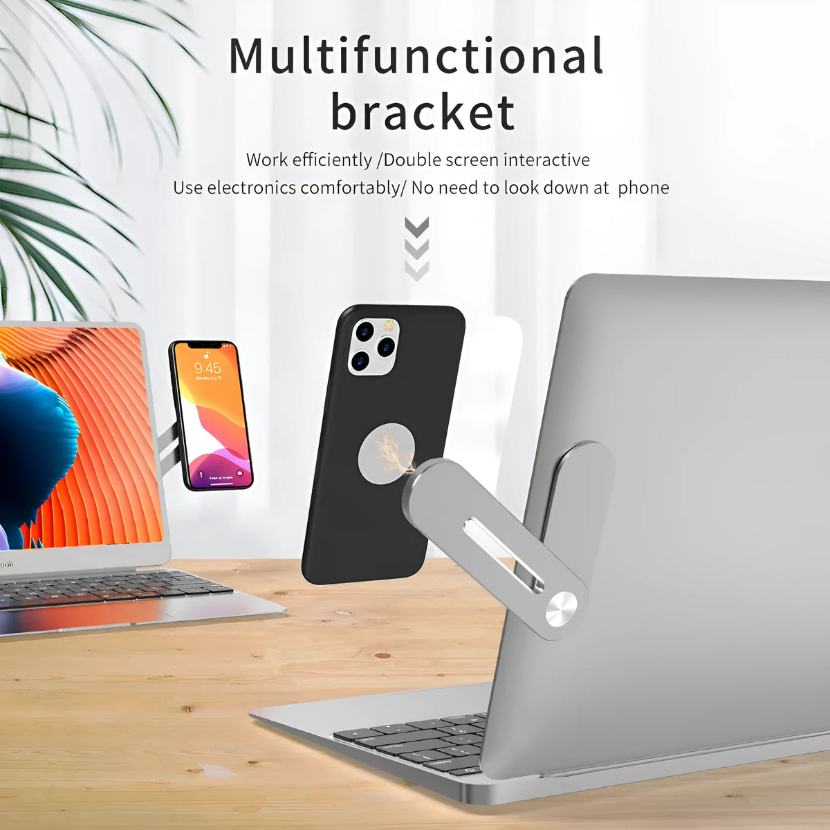 Aluminium laptop side mount bracket holding a smartphone next to a laptop, showing adjustable arm and magnetic pads.