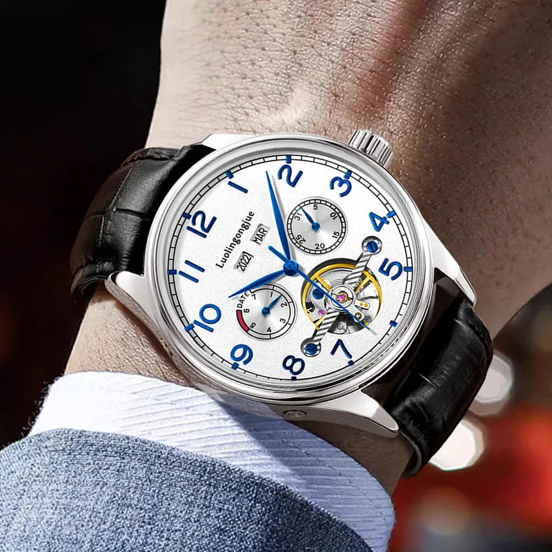 Men's mechanical business watch with hollow design showing movement and sapphire crystal glass