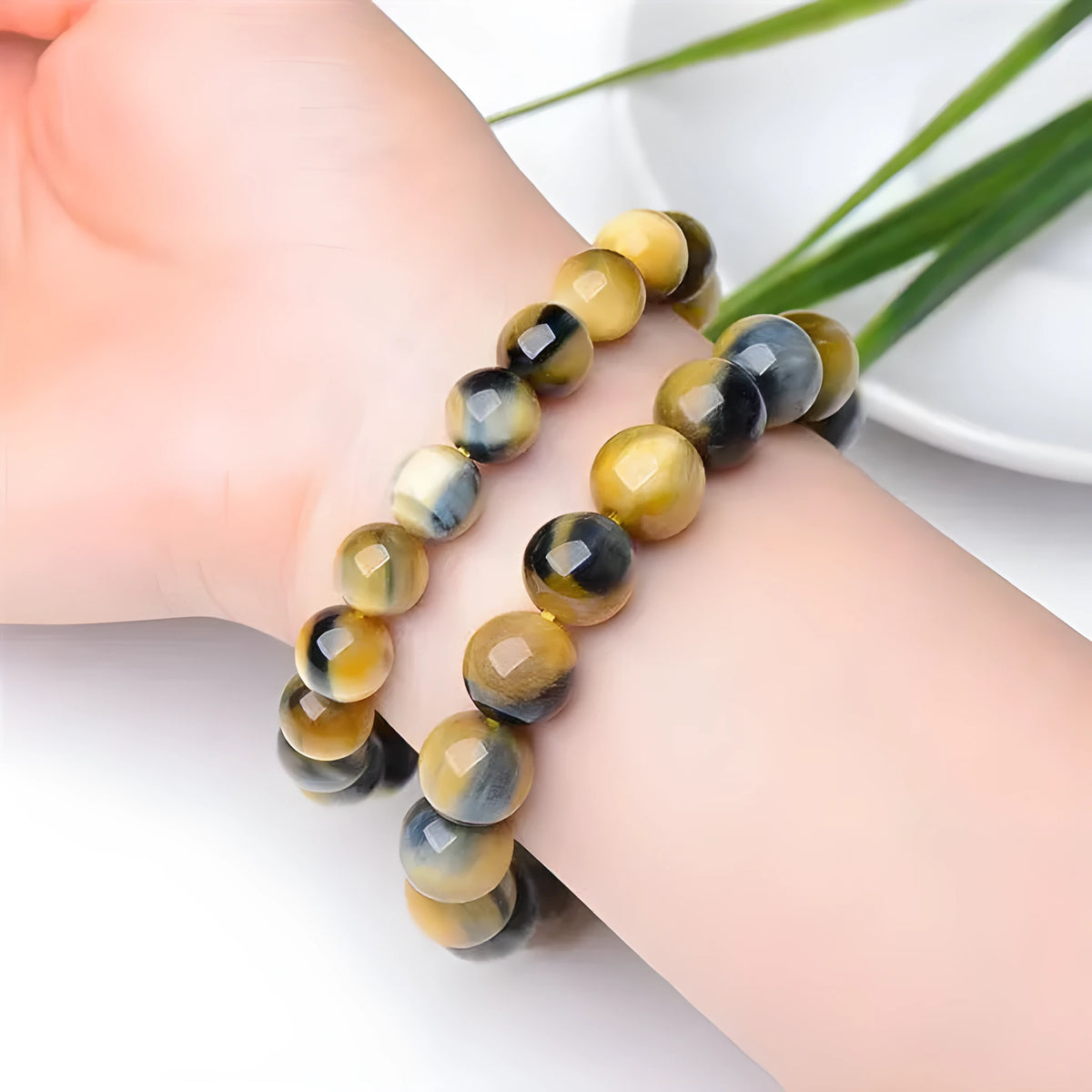 Handmade Fantasy Tiger Eye agate bracelet with round beads in geometric design.