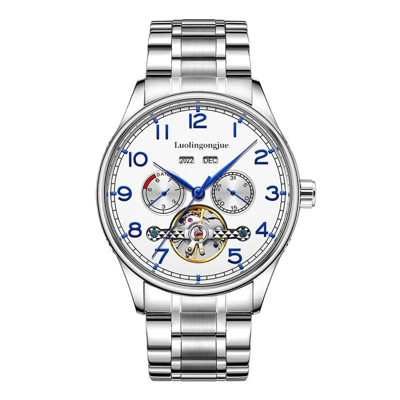 Men's mechanical business watch with hollow design showing movement and sapphire crystal glass