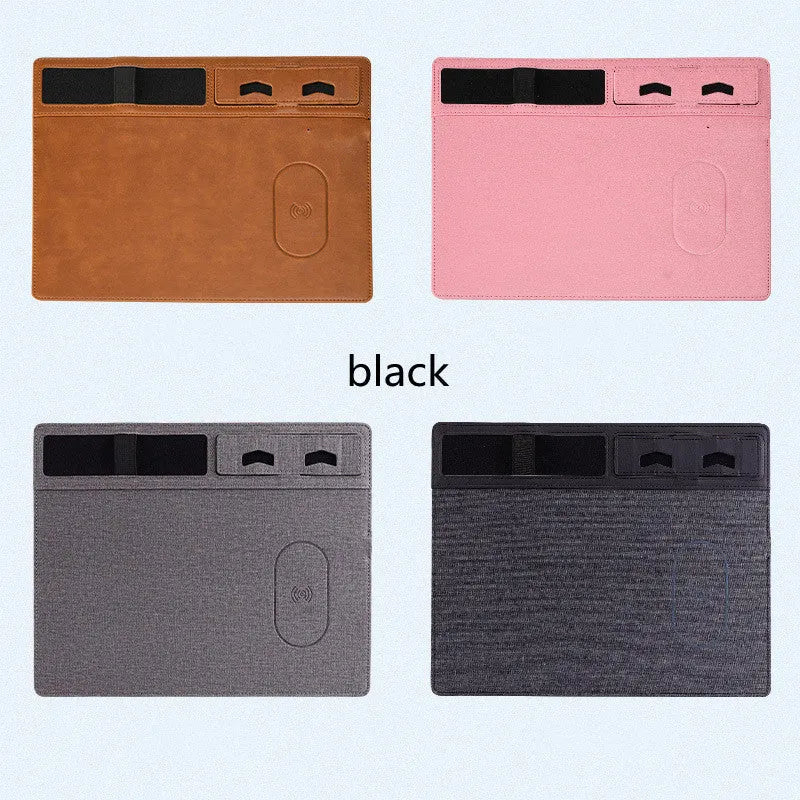 Wireless charging mouse pad with phone holder in multiple colours showing 320x260mm dimensions