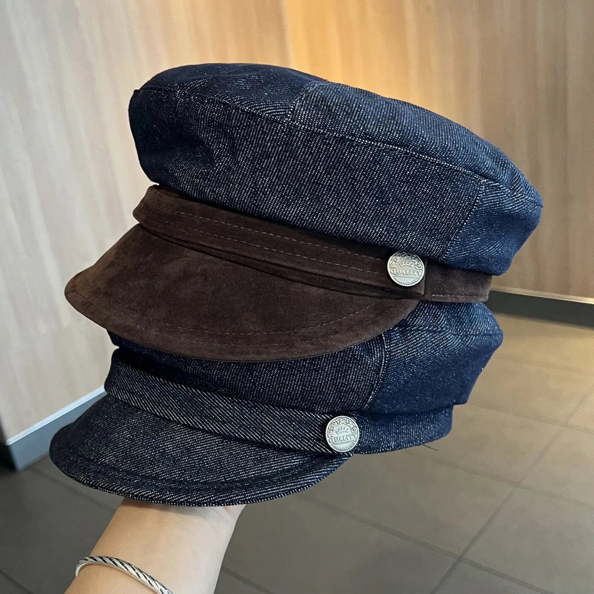 British retro octagonal denim newsboy hat with adjustable sizing
