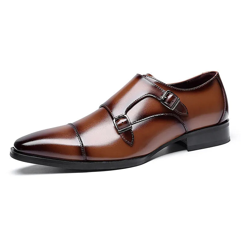 Men's black leather square toe business casual shoes with rubber sole