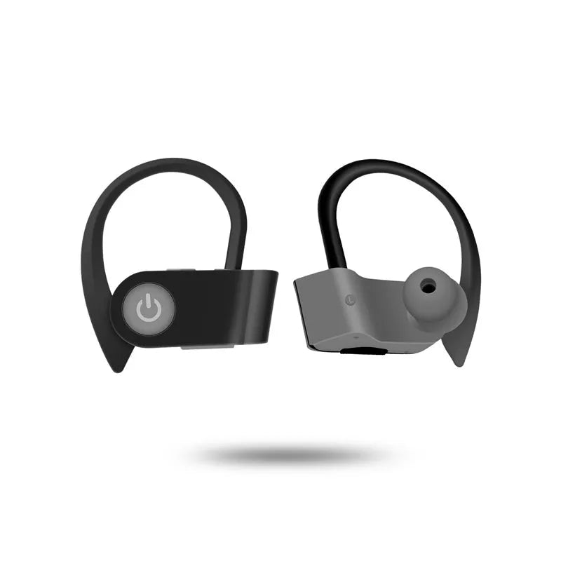 Black wireless Bluetooth earphones with an ergonomic design shown on a grey background.
