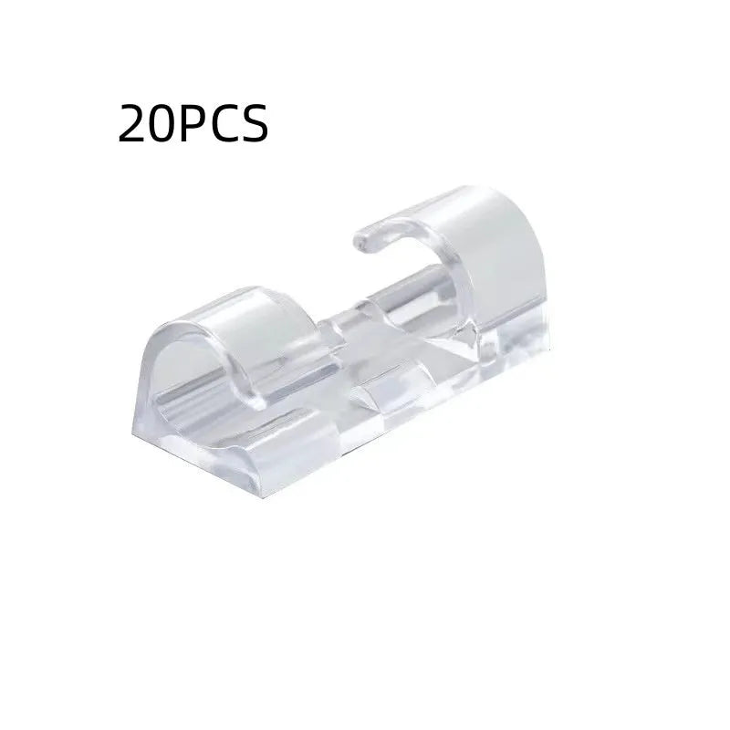 Transparent plastic self-adhesive cable management clips in small, medium, large, extra-large sizes