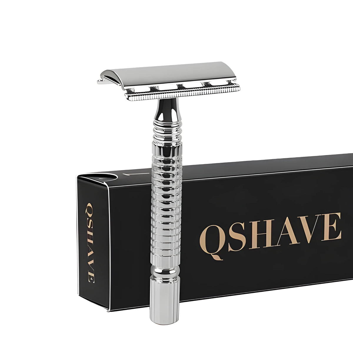Chrome double-edged safety razor with metal handle, one blade, and a storage box.