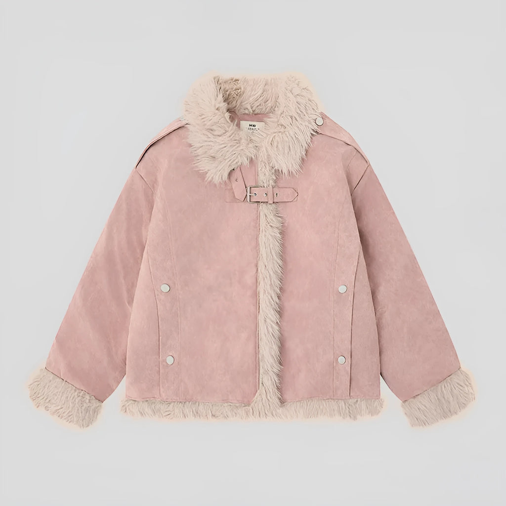 Women's retro lamb wool coat in black, brown, or pink, loose fit polyester, sizes S to XL